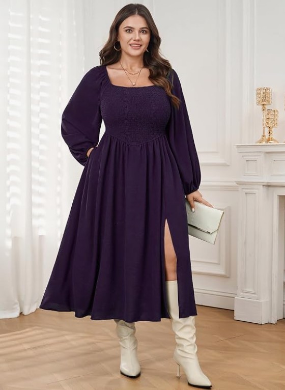 SCOMCHIC Women’s A-Line Dress Plus Size Square Neck Smocked Flowy , Purple, 3XL