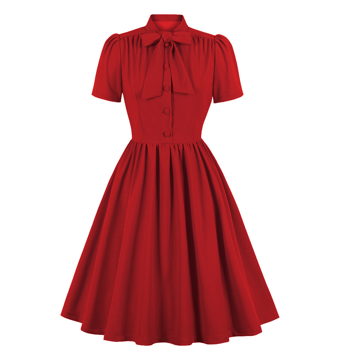 Women Short Sleeve Midi Dress Bow Tie Retro Swing Pleated Button Elegant Sweet