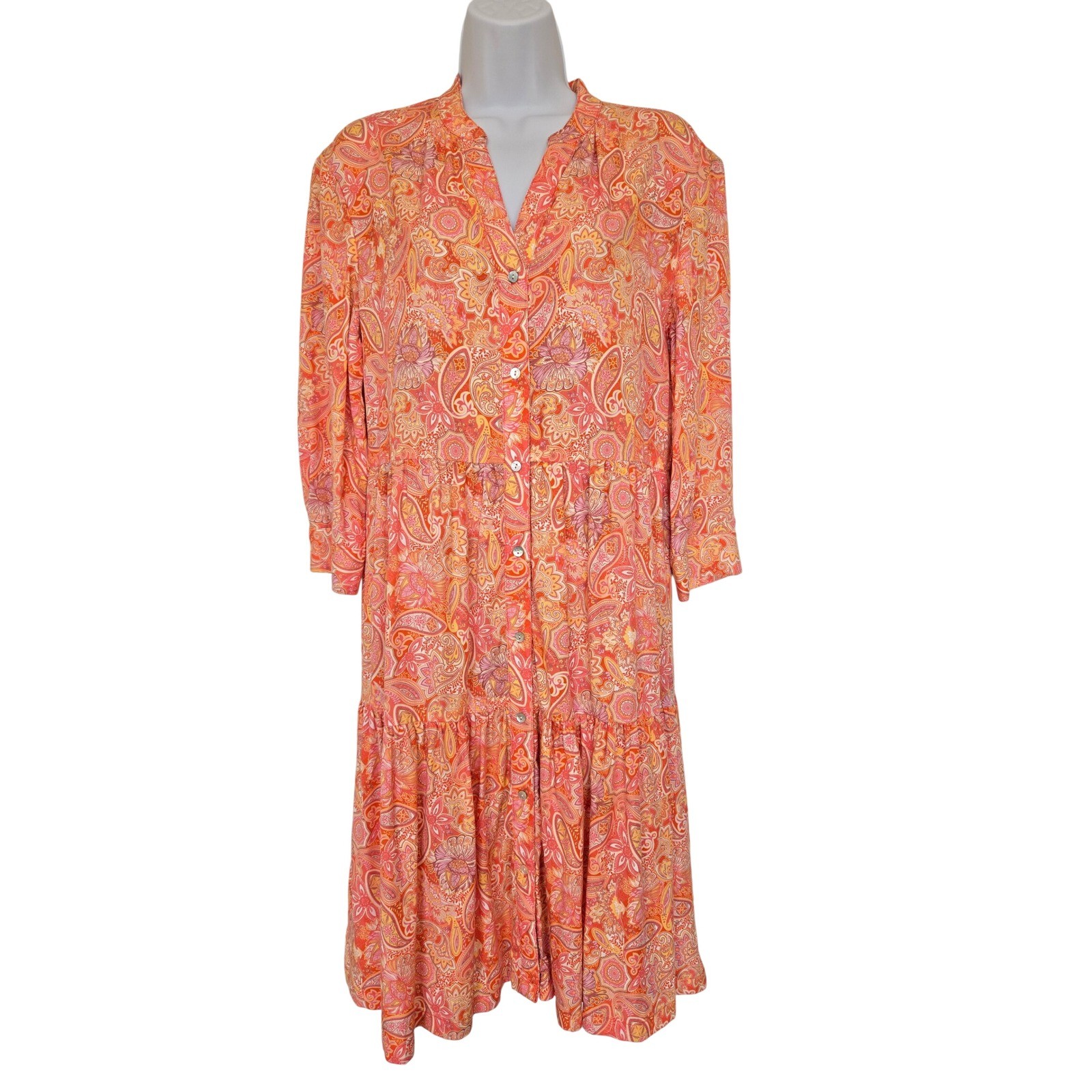 Johnston & Murphy Orange Pink Paisley Lyocell Tiered Dress S Boho Cottage Retro