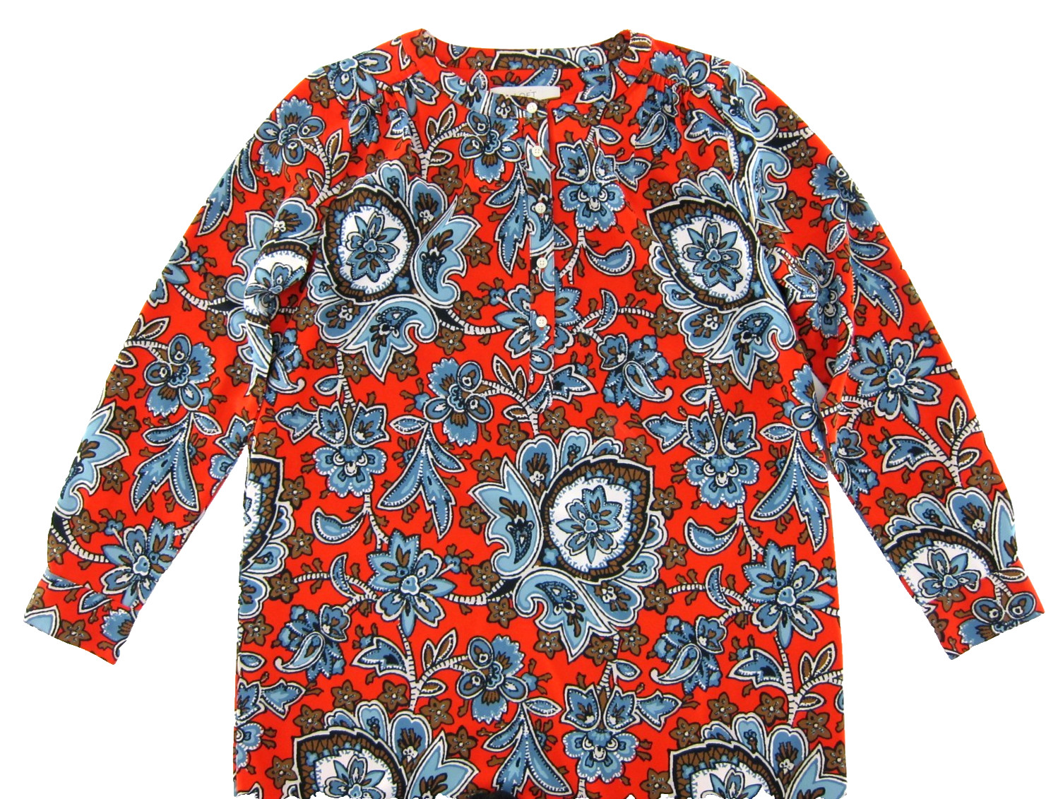 Ann Taylor Loft Red Blue Brown White Floral Long Sleeve Tunic Shift Dress Small