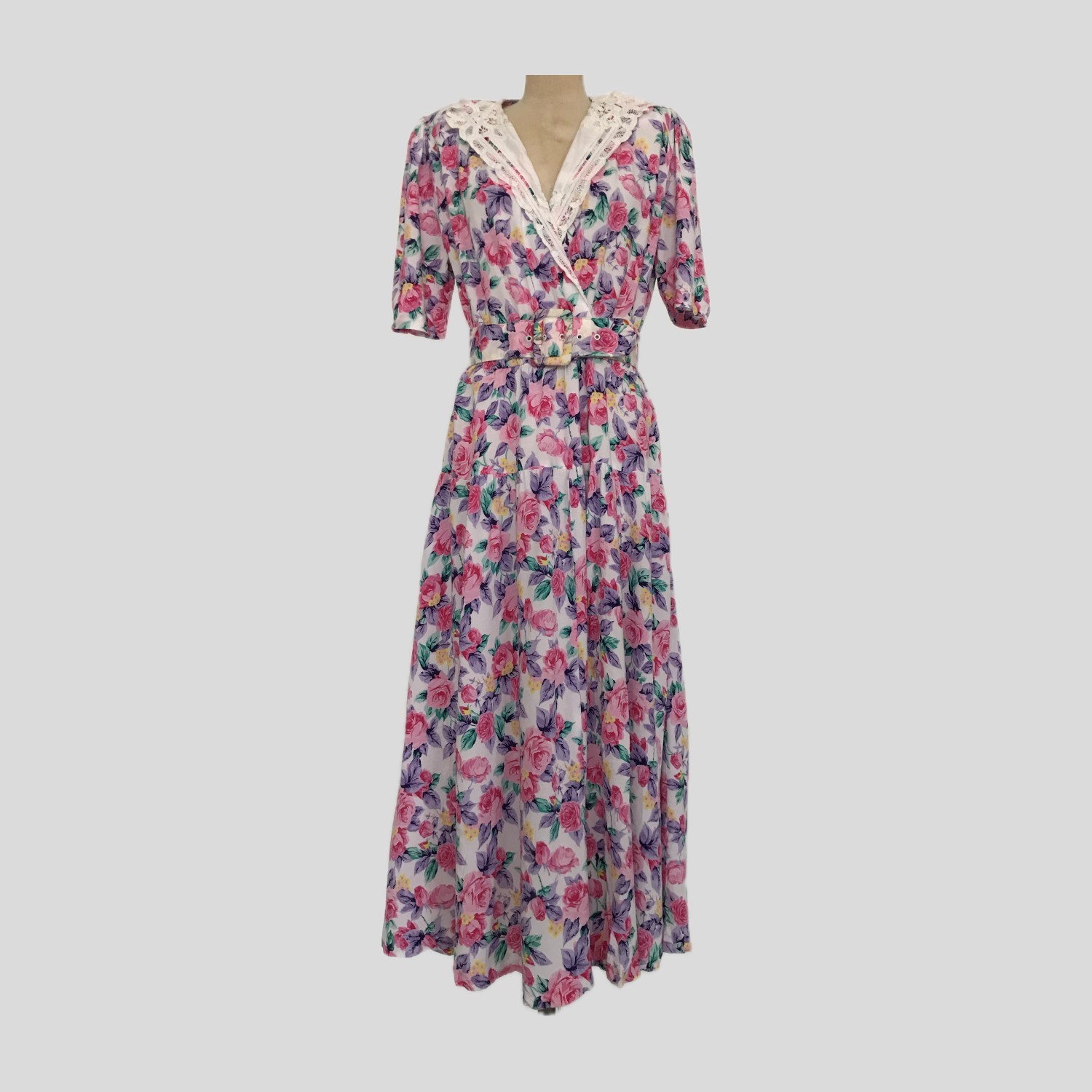 Vintage 1980s Jane Singer Pink Floral Summer Cottage Core Midi Dress Womens L