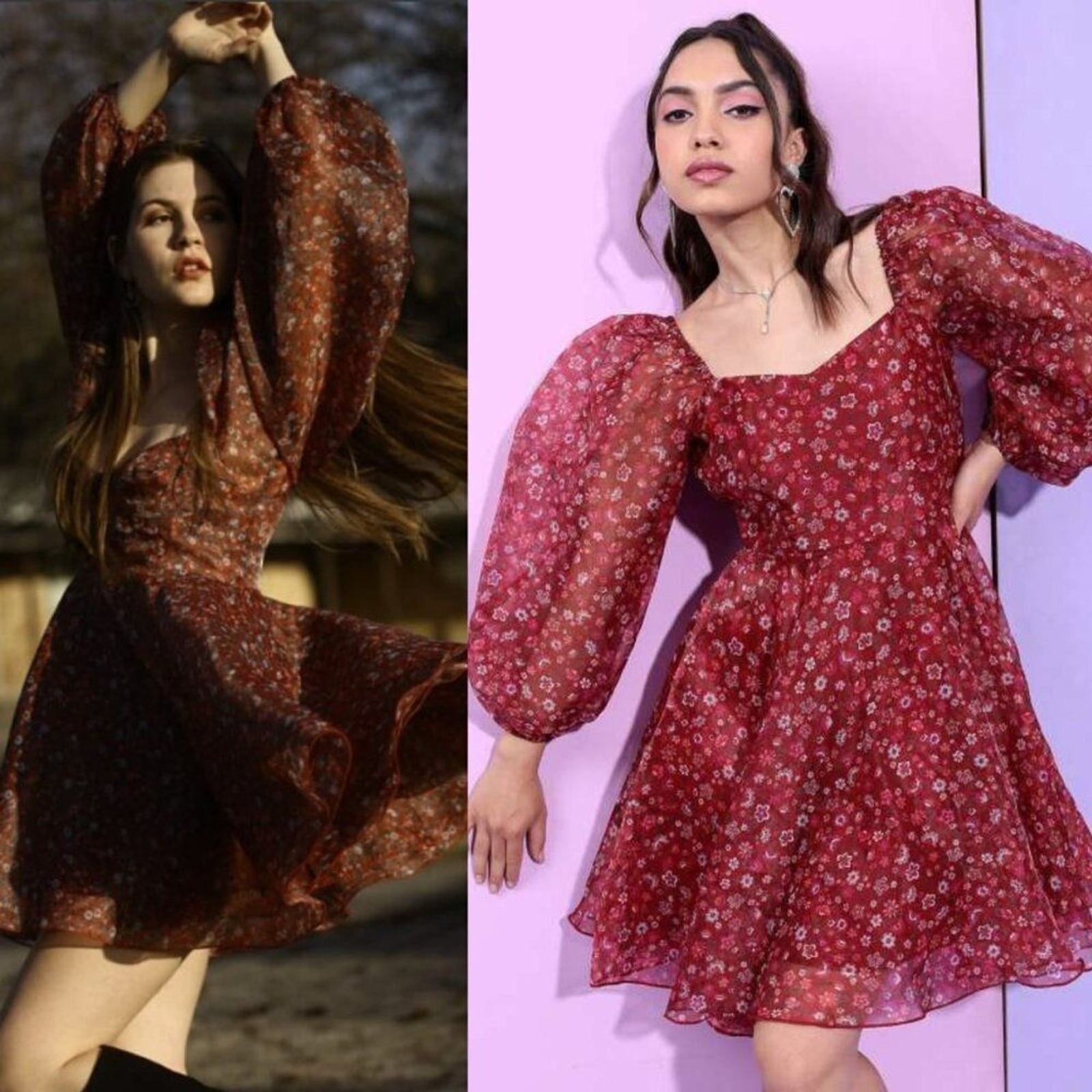 Selkie Princess Crimson Darling Red Floral Puff Sleeve Organza Mini Dress Size S