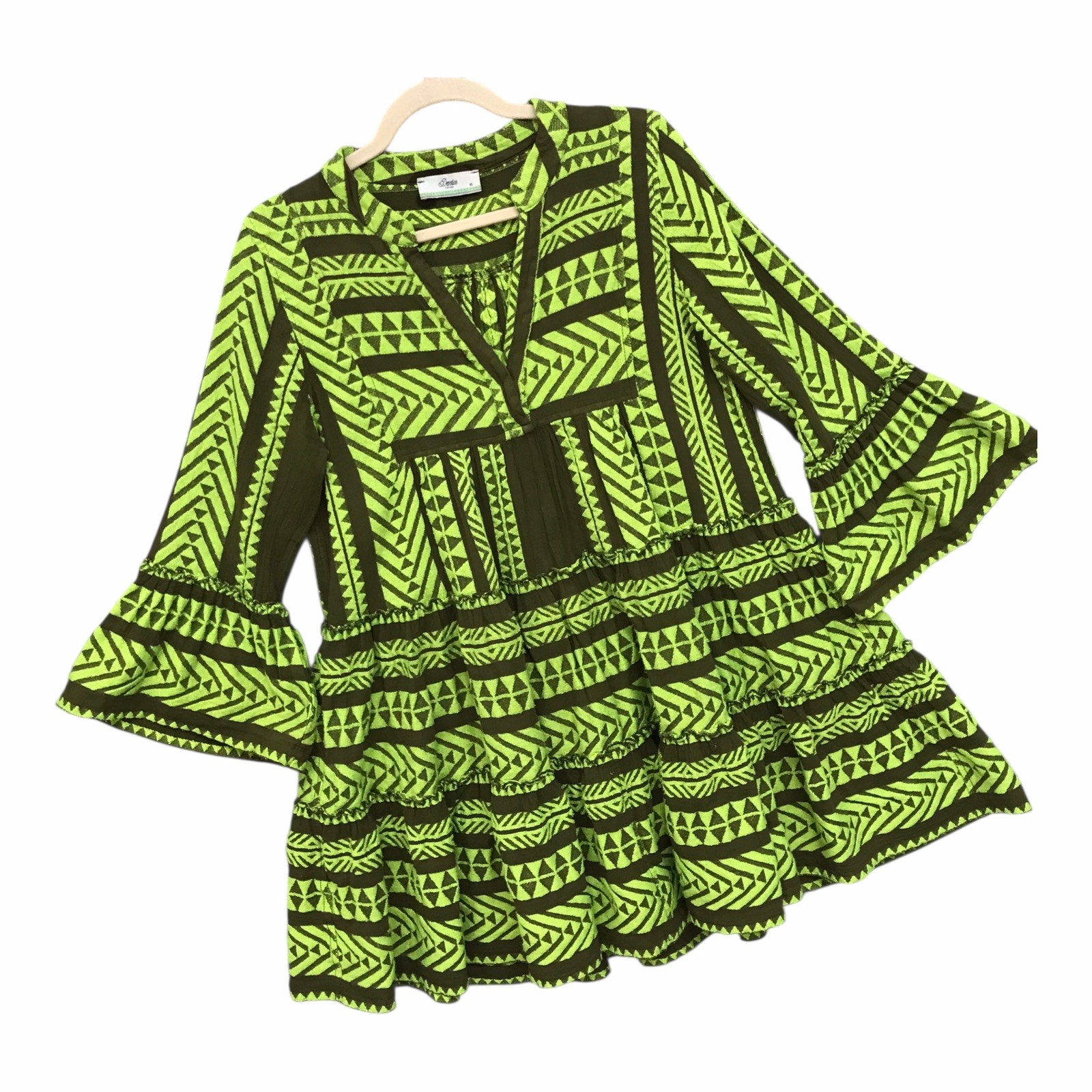 Devotion Twins Embroidered Ella Tunic Dress Neon Green Brown Boho Women’s Sz XS