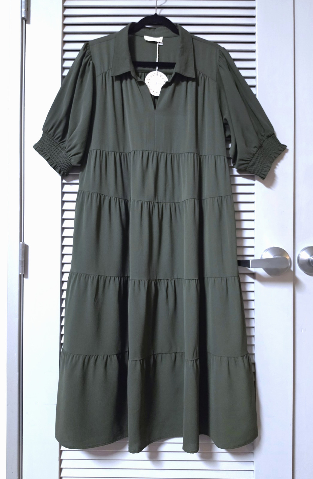 Dk olive collar tiered long dress 1XL