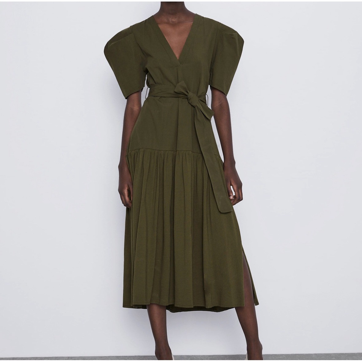 Zara Womens Olive Green Puff Sleeve V-Neck Midi Cotton Poplin Dress Size S