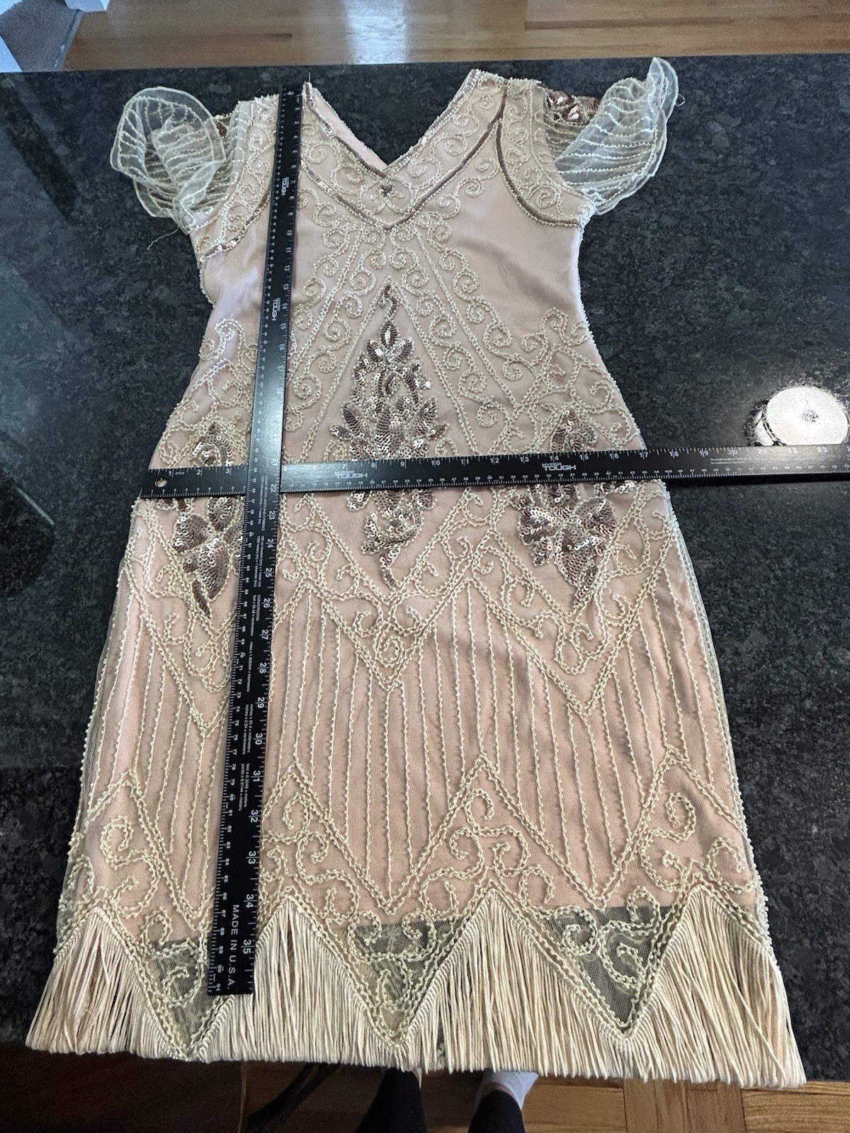 PrettyGuide Rose Gold Sequin Fringe Flapper Dress V-Neck Midi Size M Great Gatsb