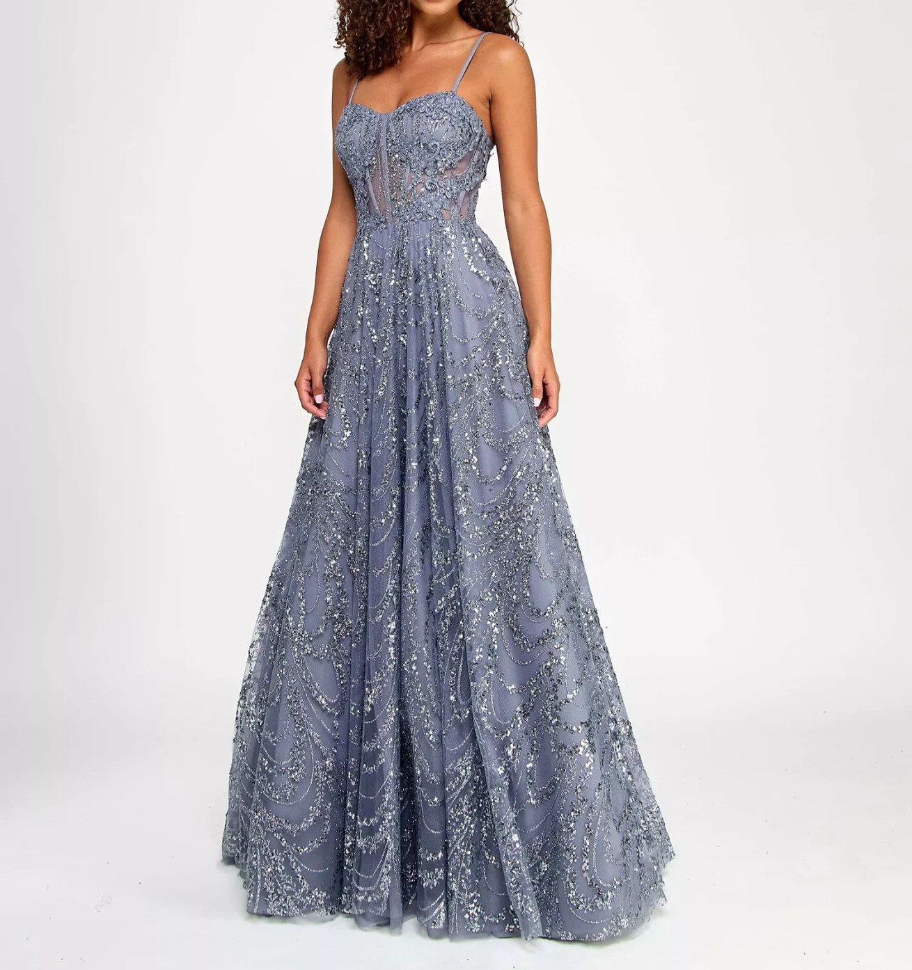 City Studios Juniors Glitter Sequin Mesh Ball Gown Size 7/8 Gunmetal Silver Gray