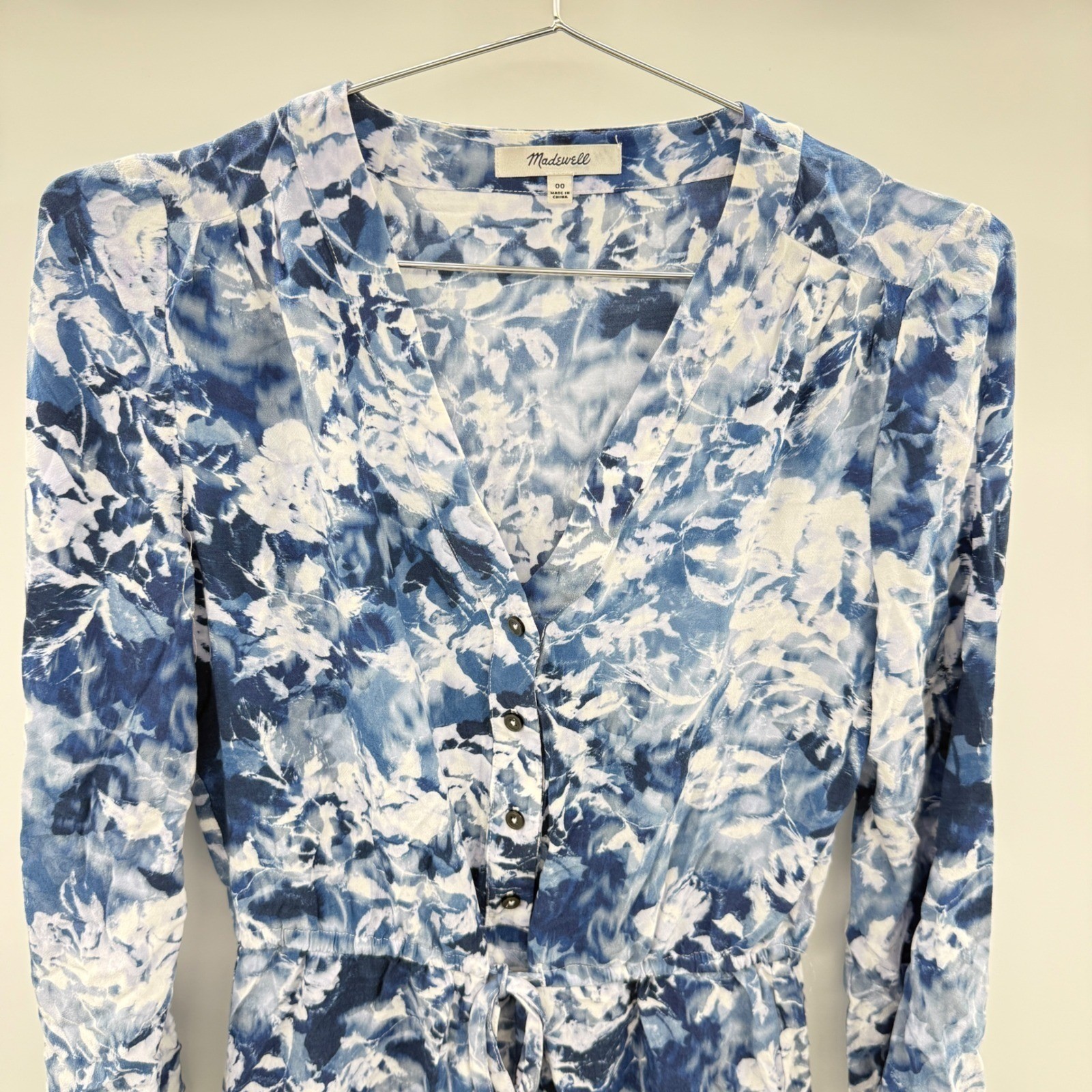 Madewell Blue White Floral Print V Neck Button Tie Waist Mini Dress Size 00