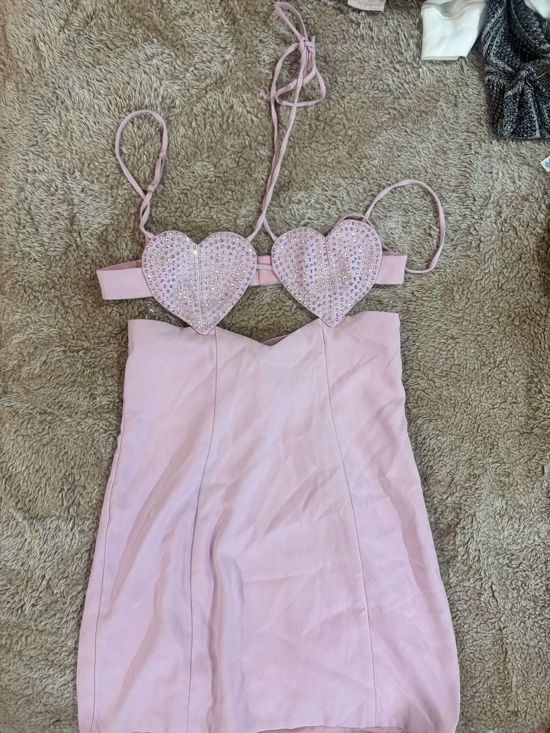 Oh Polly Lavinie Embellished Heart Cup Detail Mini Dress in Soft Pink