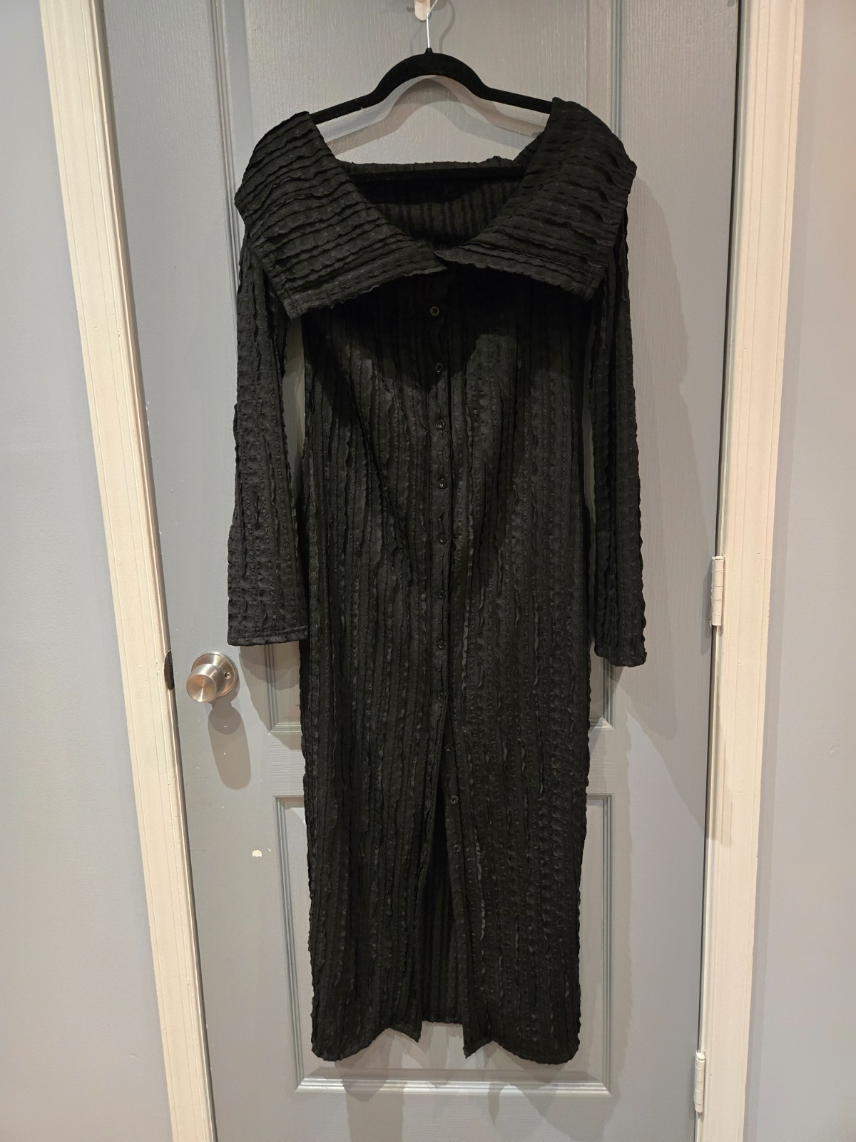 Off Shoulder Button Up Fringe Maxi Dress