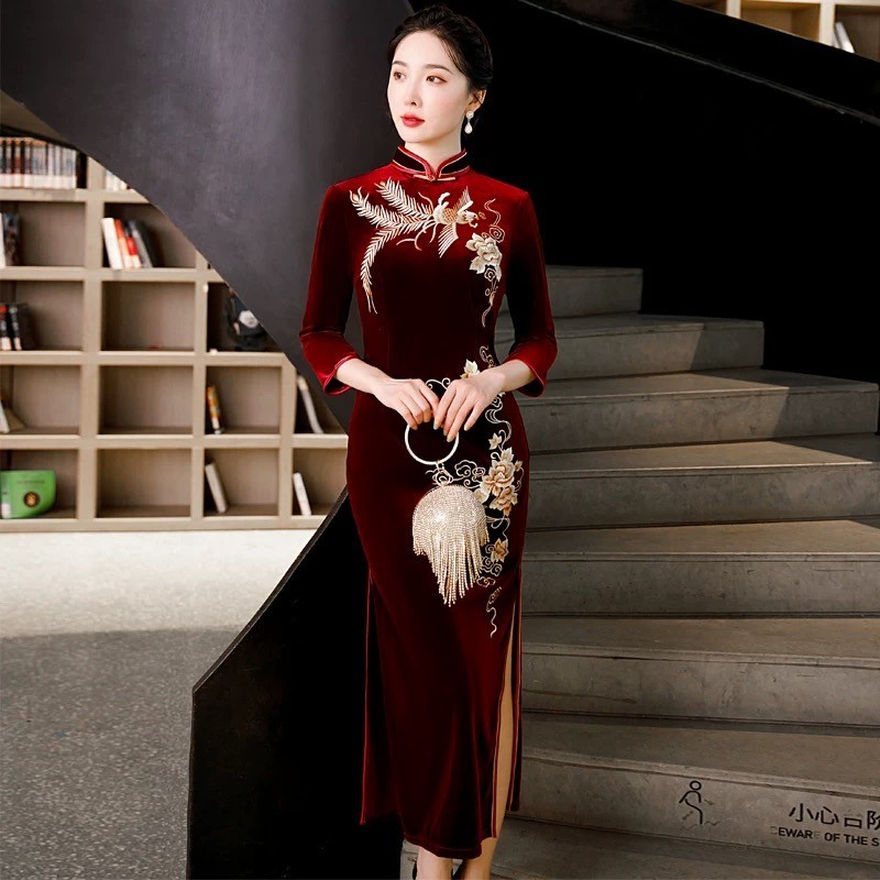 O1/O2Velvet Long Embroidered Qipao Cheongsam Dress Chinese Style Vintage Elegant