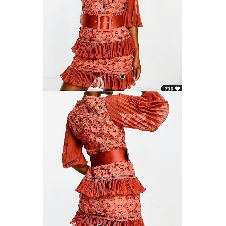 Designer Rust Floral Lace NO BELT NWT Pleated Ruffle Mini Dress Square Neck