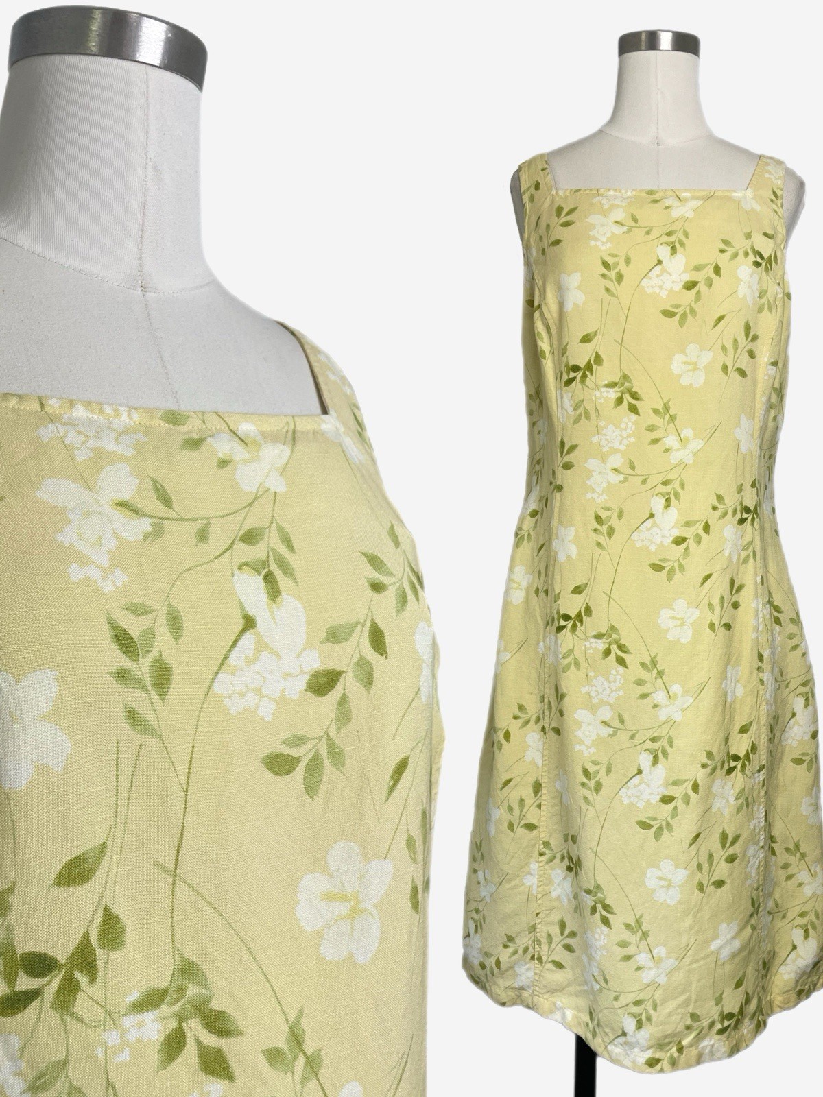 Vintage 90s Jcrew yellow linen blend floral square neck midi dress spring M