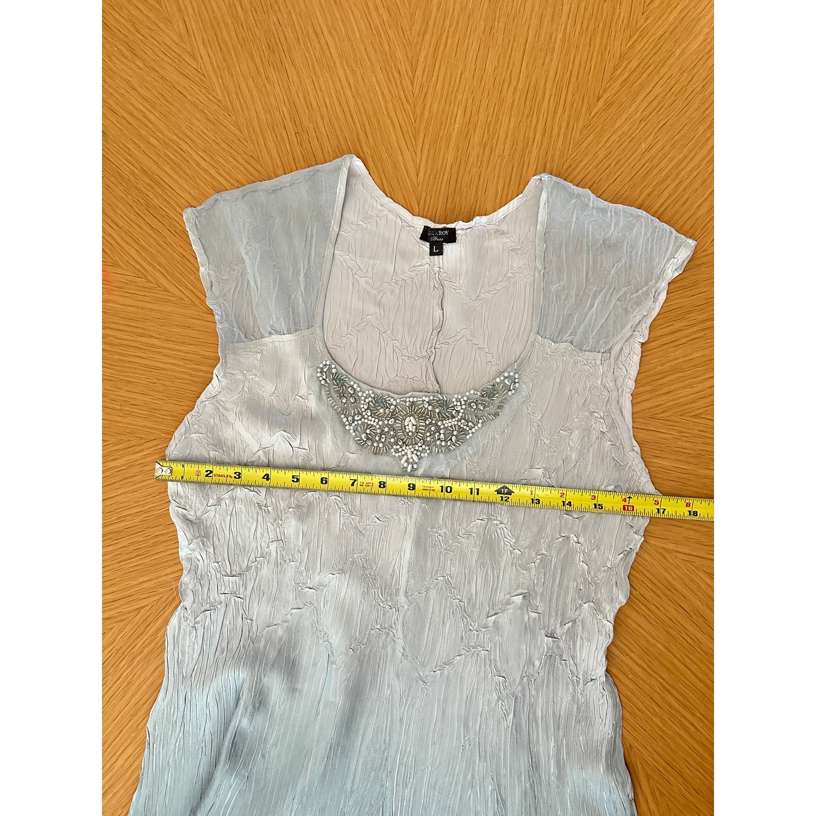 Komarov Crinkle Chiffon Dress Blue Gray Beaded Handkerchief Hem Fairycore Size L