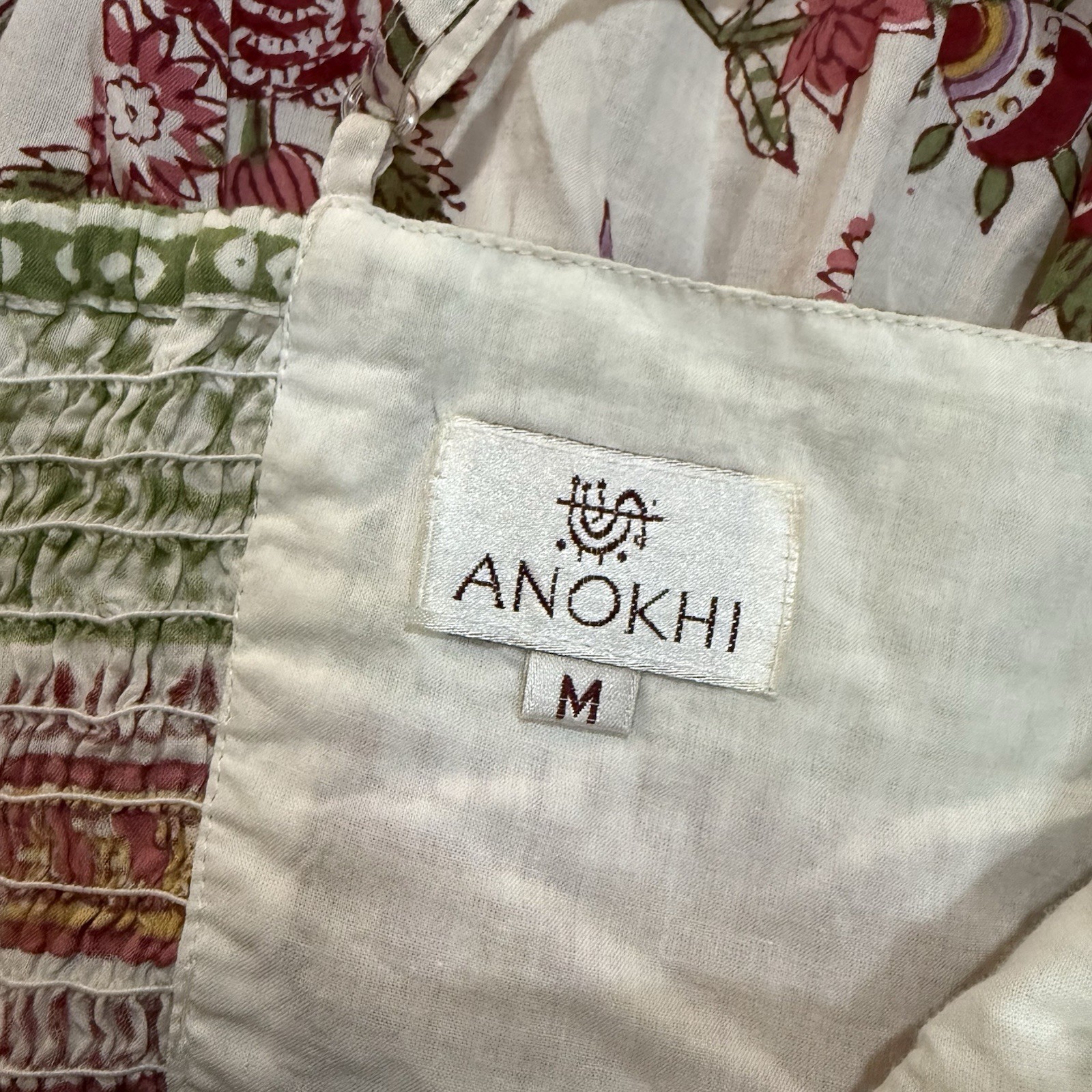 ANOKHI Floral Hand Block Print Indian Cotton Maxi Dress Boho A-line Sz M Cottage