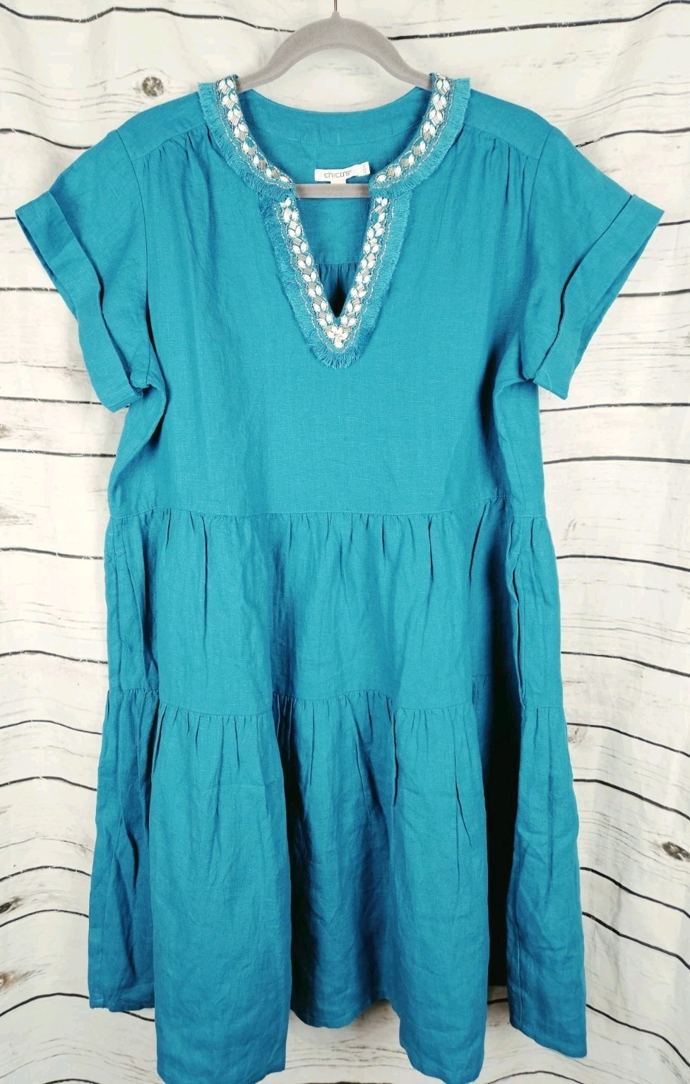 Chico’s Teal Beaded Linen Tiered Dress 2 Womens US 12 Midi Ruffle Short Sleeves