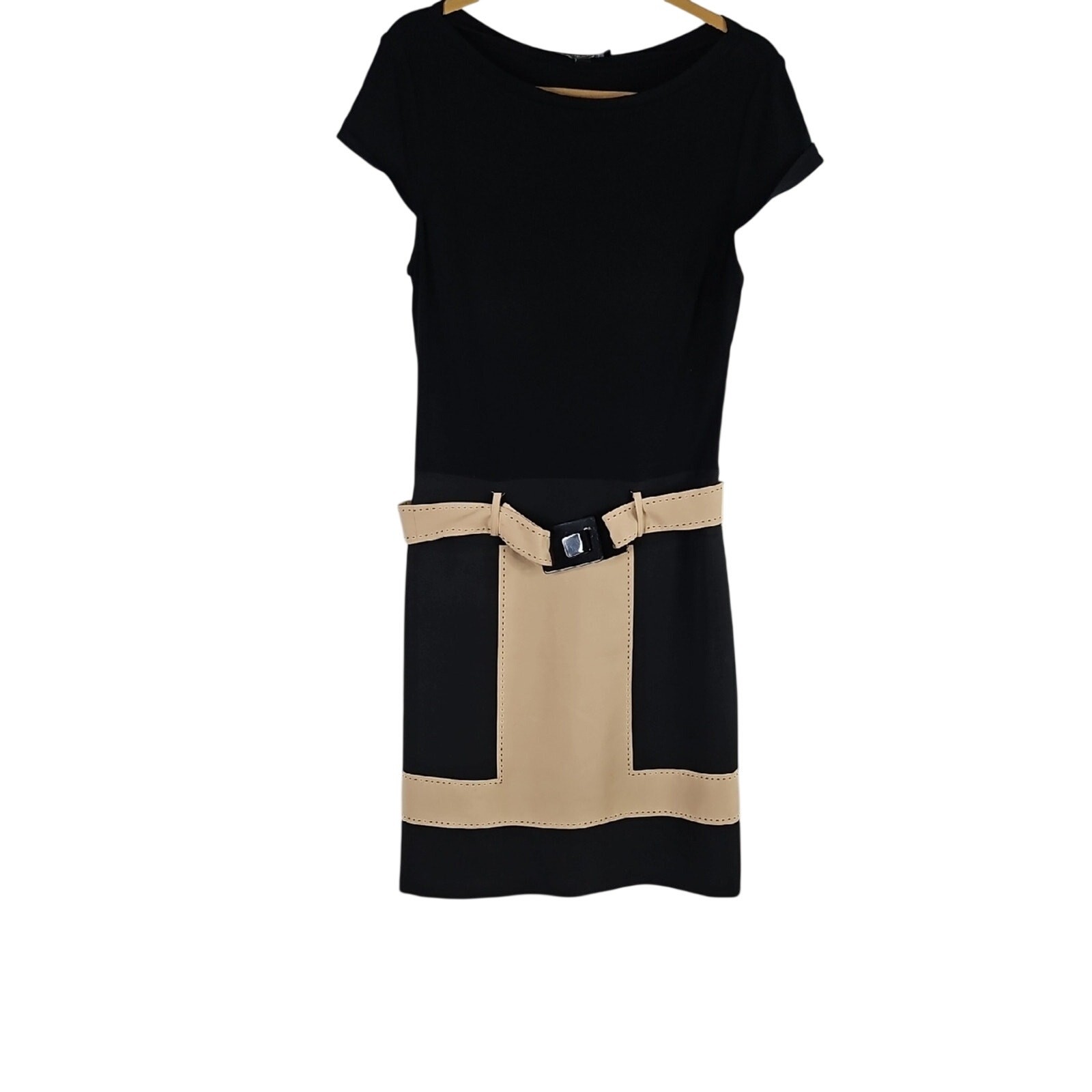 Chetta B Black Mini Dress with Beige Panel & Belt Size 10