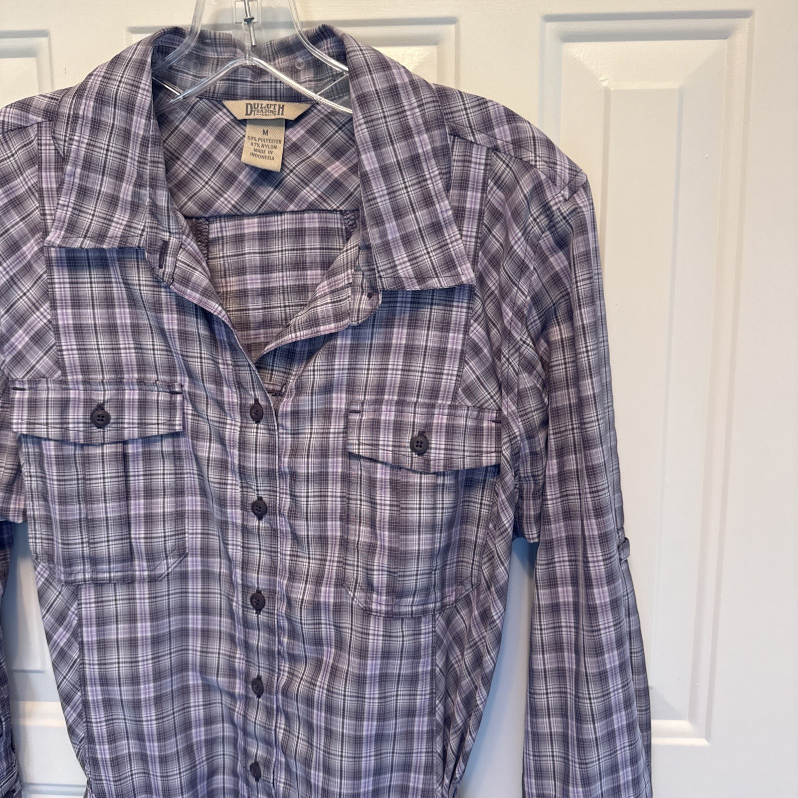Duluth Purple Plaid Button-Down Shirt Dress Tie Pockets Size M polyester nylon