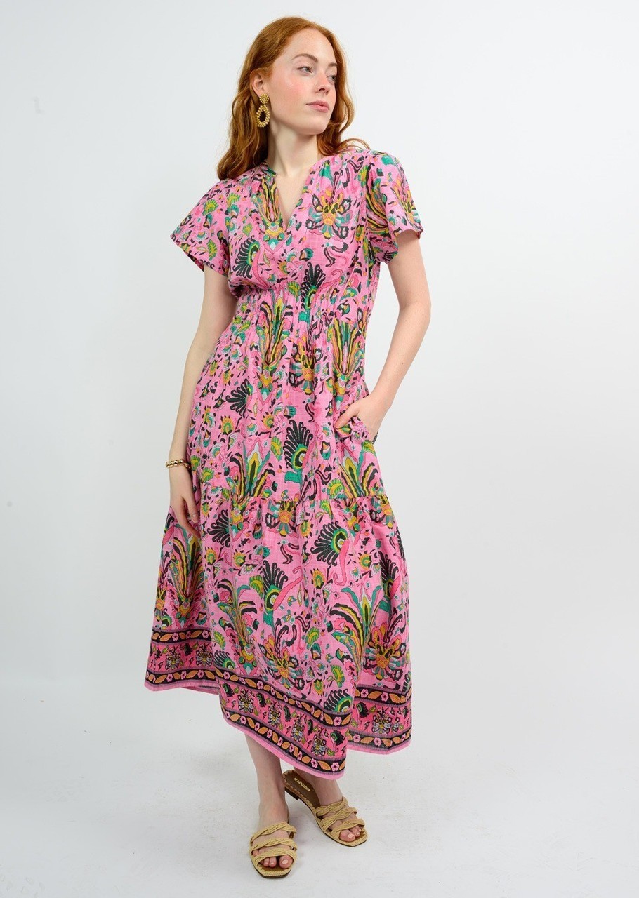 Uncle Frank Tropical Borders Pink Floral Midi Dress Womens L 100% Cotton