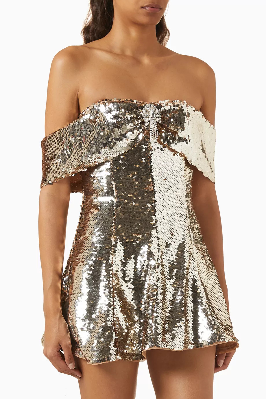 Self-Portrait Gold Sequin Off The Shoulder Mini Dress UK6 US 2