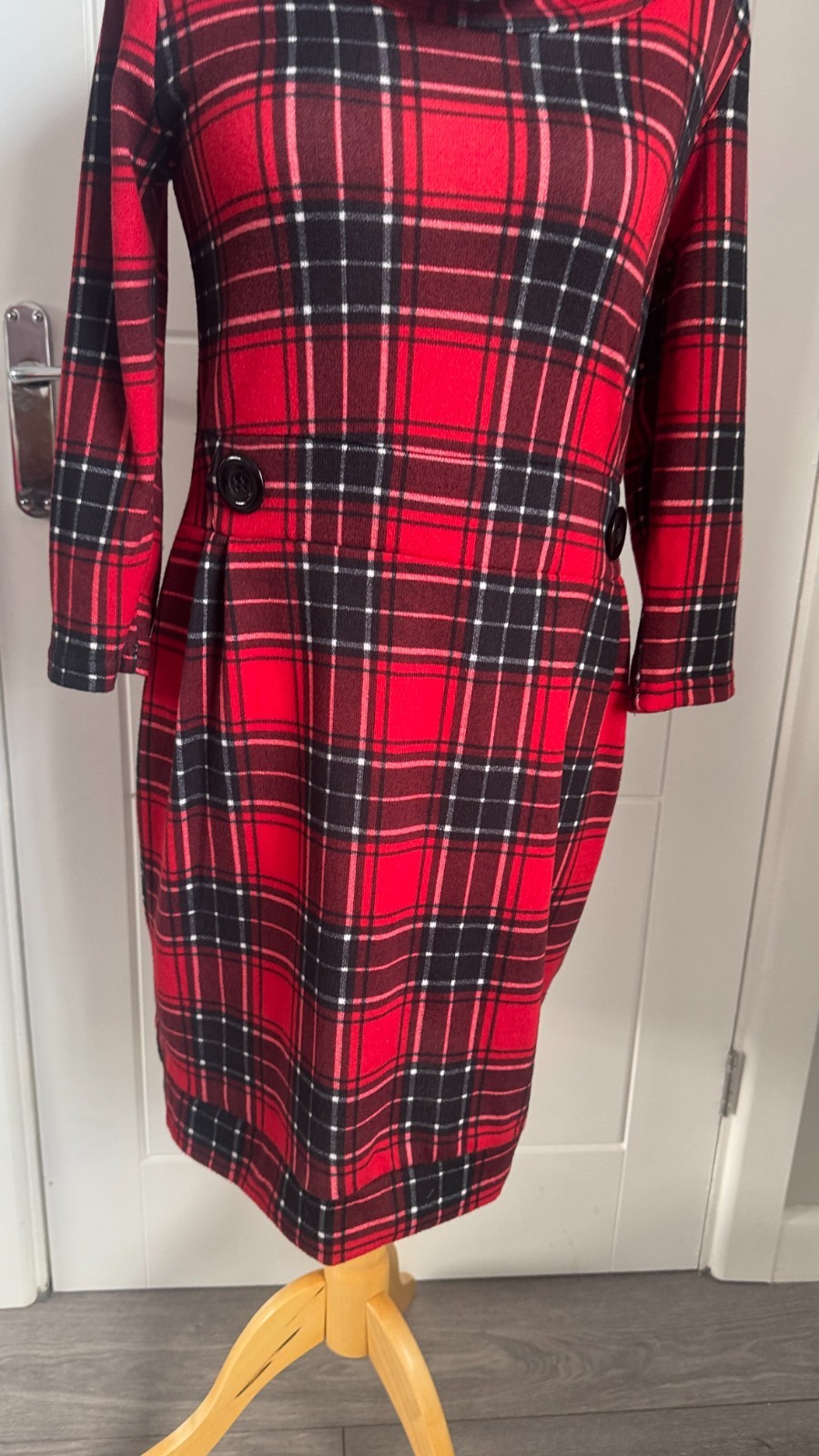 Apricot Red Black Tartan Check Cowl Neck Knit Jumper Dress M UK 12 B21