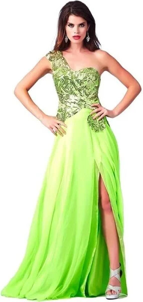 Cassandra Stone Mac Duggal Neon Lime Green Sequin One Gown Size 4 $398 Prom