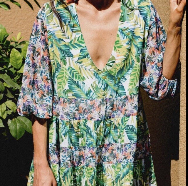 All Things Mochi Liona Mini Dress Tropical Floral Fit Flare Green Sz M
