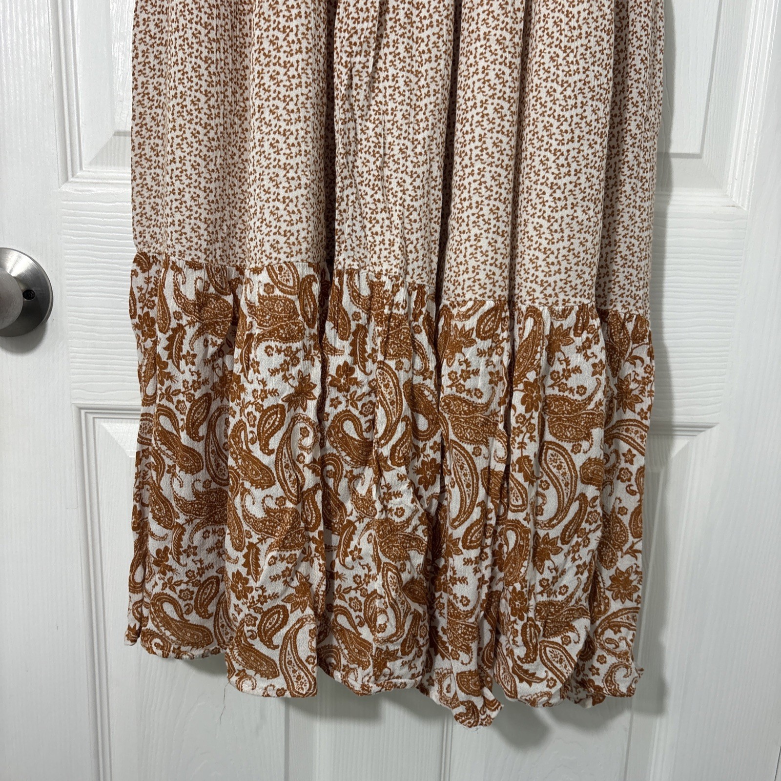 J GEE Rust Orange White Floral Bohemian Maxi Dress Lined V-Neck Flutter L Womens