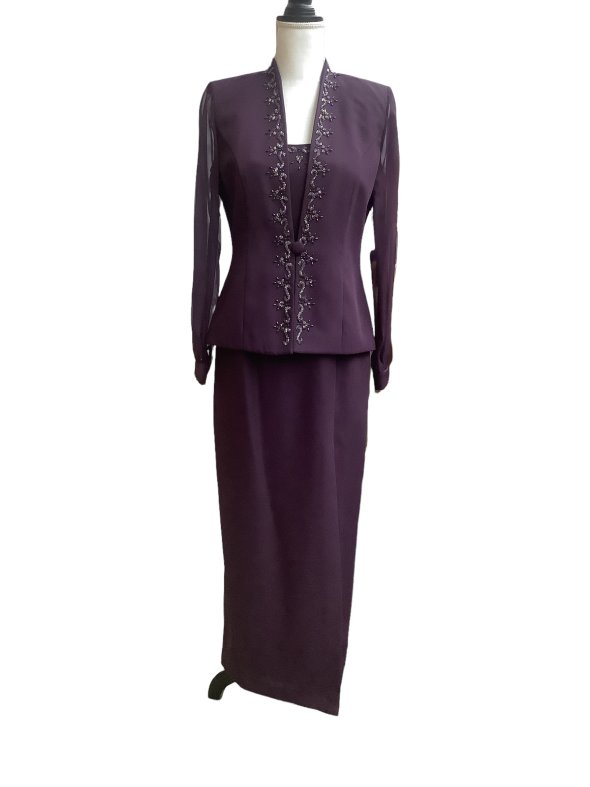 J. R. Nites by Caliendo 2-Piece Beaded Detail Jacket Dress Set – Plum, Size 6P