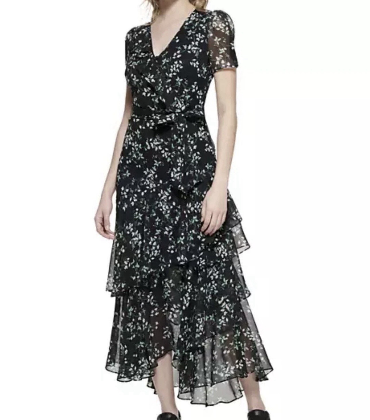 Karl Lagerfeld Dress Women Sz 14 Floral Chiffon Ruffle Layered Belt Black Multi