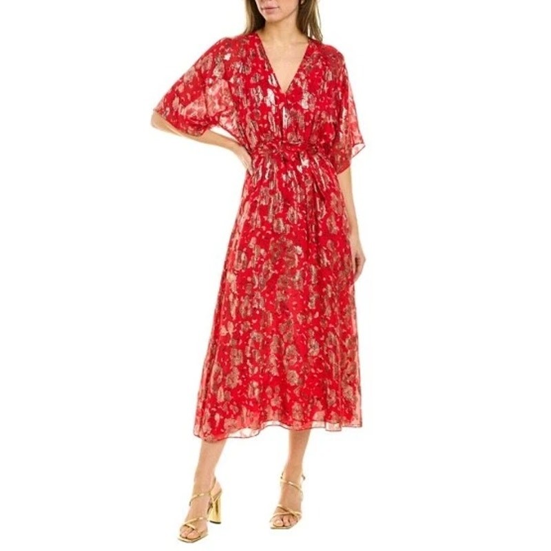 ba&sh Red & Gold Metallic Silk-Blend Floral Midi Dress – Size Small