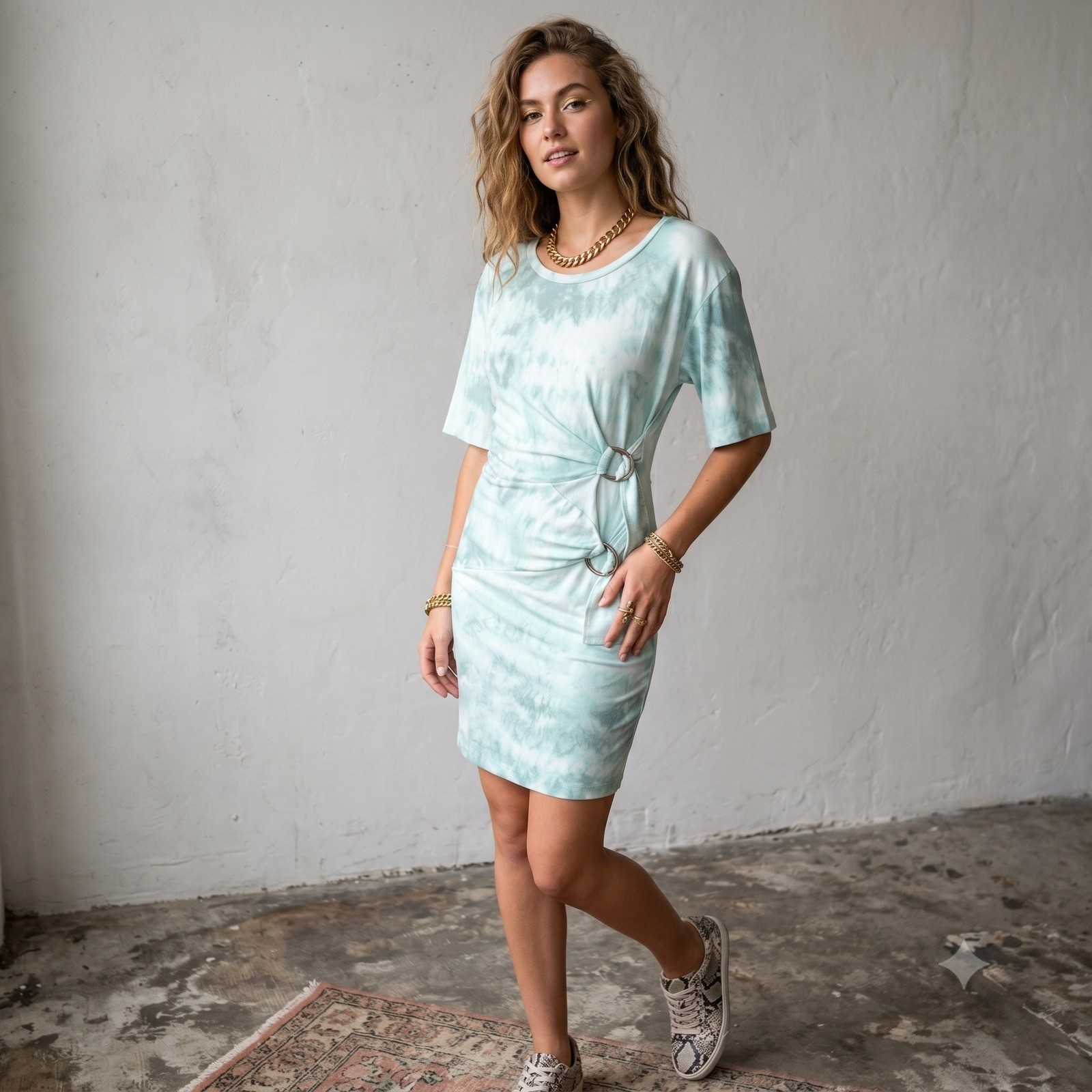 Roberto Cavalli Womens Dress 38 Green Tie Dye Ruched Ring Detail Y2K Designer