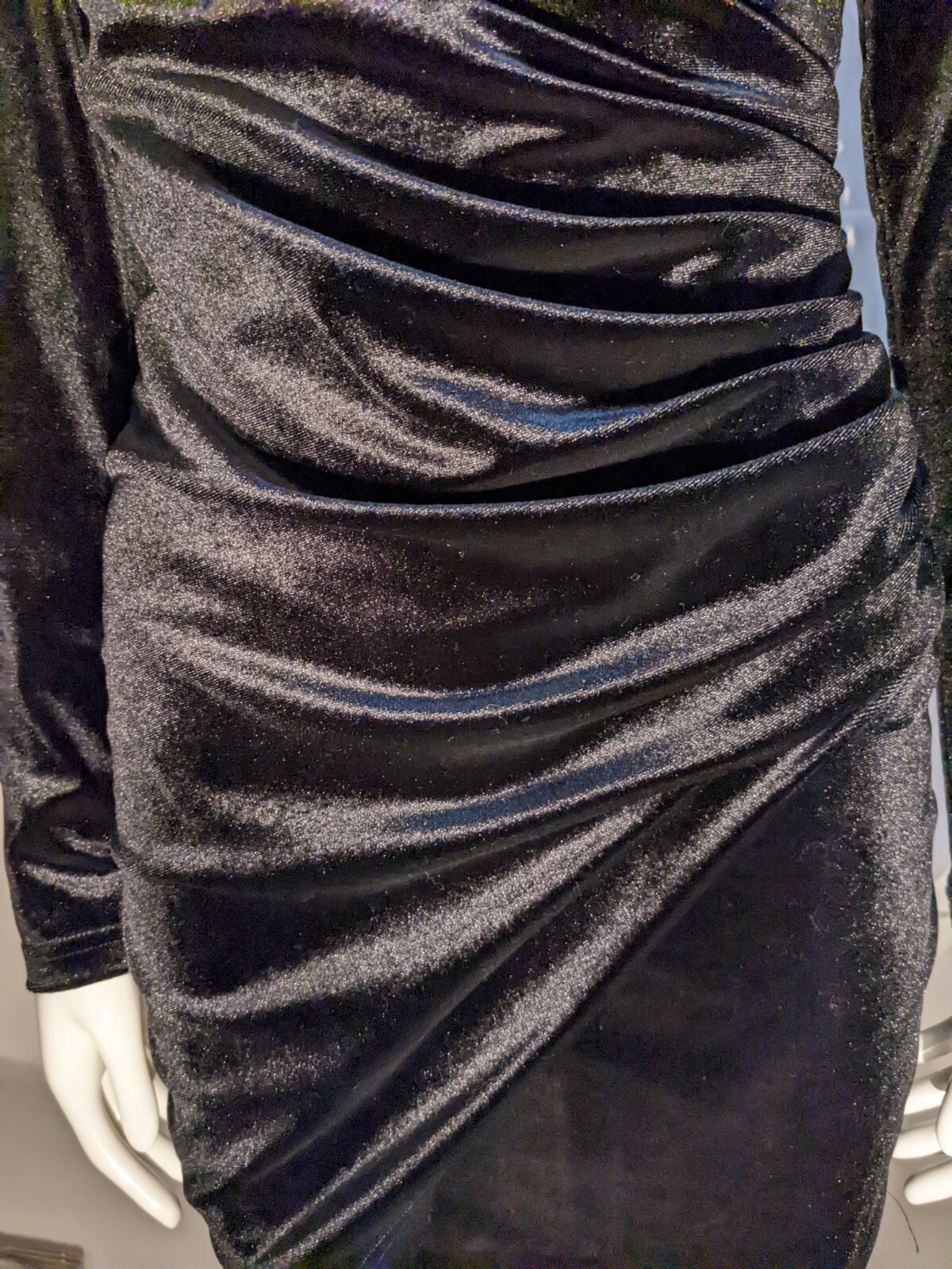 Shein Black Velvet Rouched Cinched Waist Long Sleeve Mini Dress Sz Medium