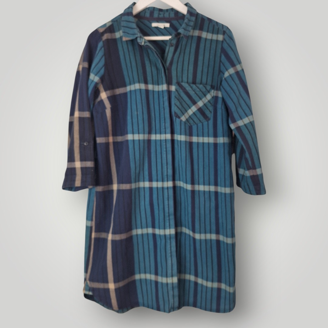 White Stuff Checkmate Shirt Dress Womens 14 Blue Plaid Cotton Belted Mini Tunic