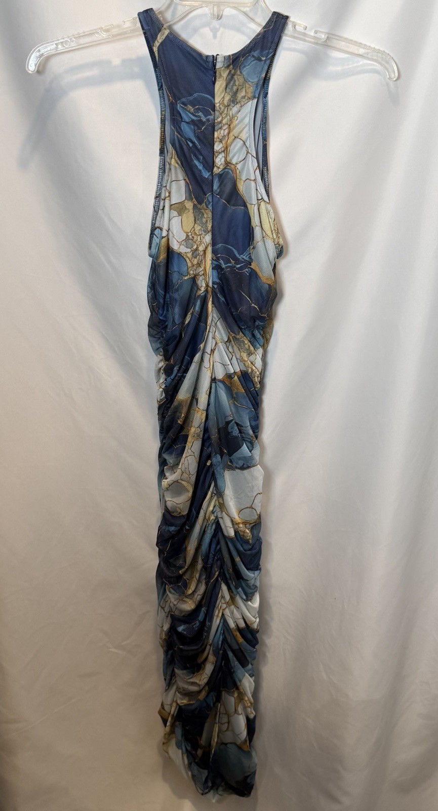 Akira Lorraine Marble Print Mesh Maxi Dress Blue Ruched Bodycon Sleeveless S M