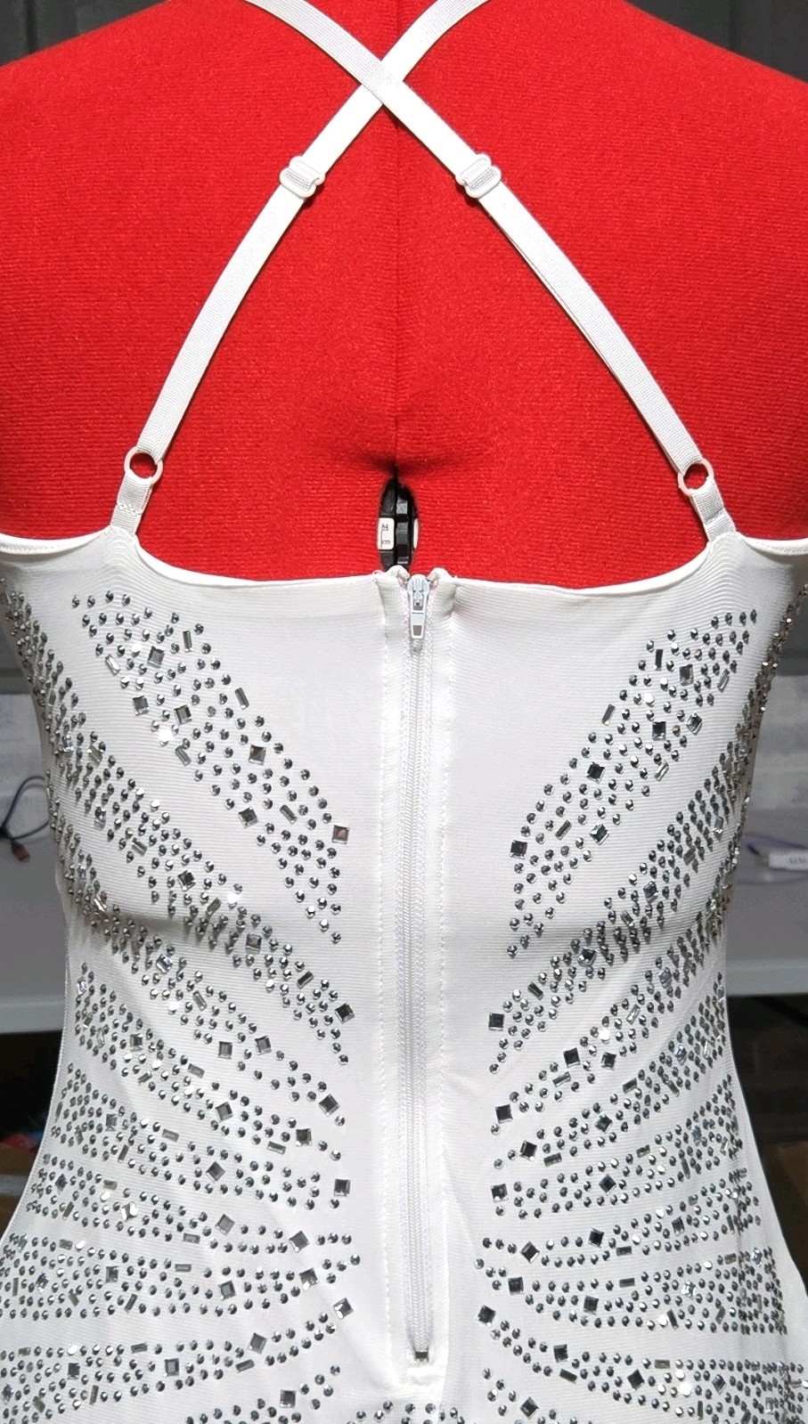 White Silver Rhinestone Bodycon Midi Dress M V-Neck Strappy Zip Stretch