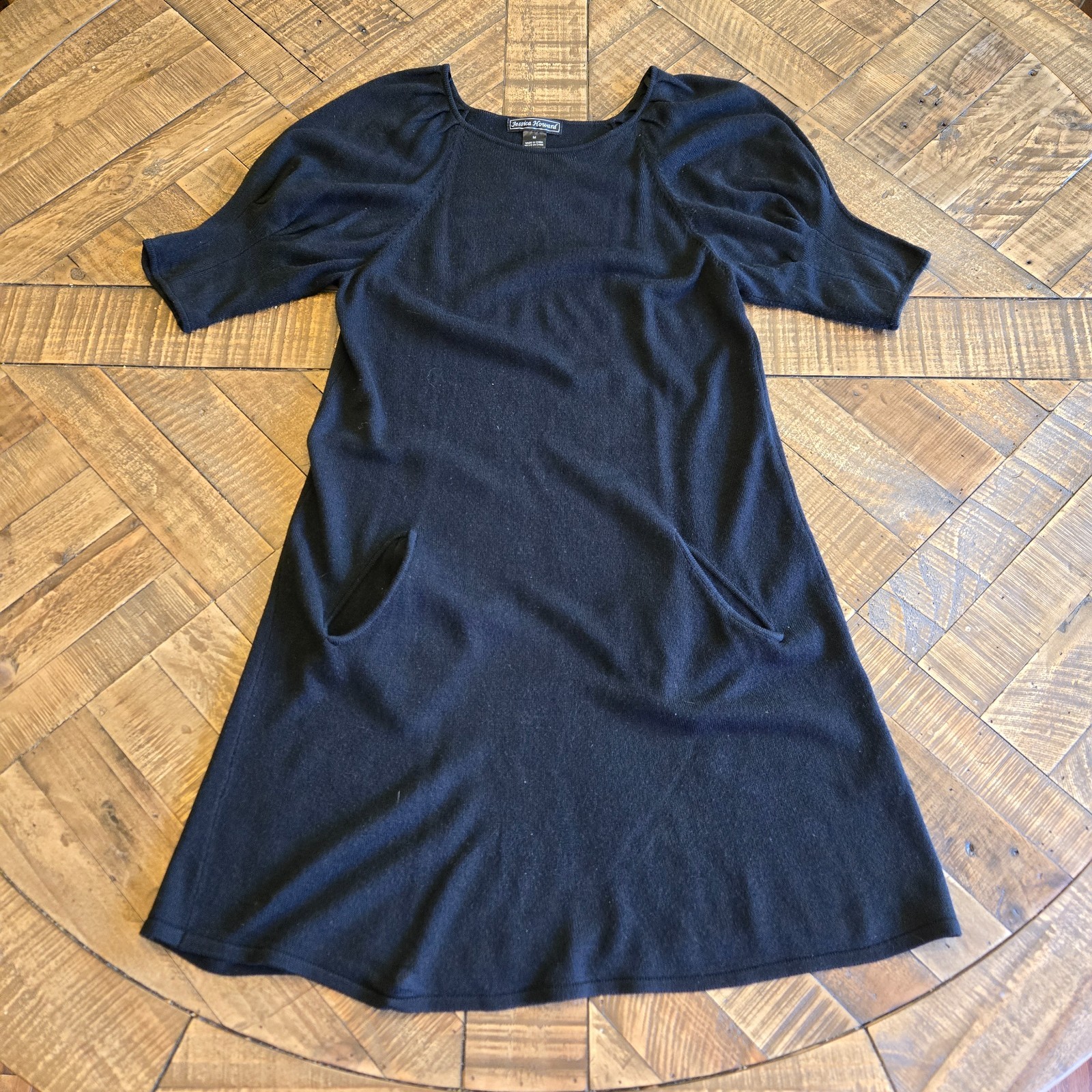 Jessica Howard Classic Black Sweater Midi Puff Sleeve Dress with Pockets