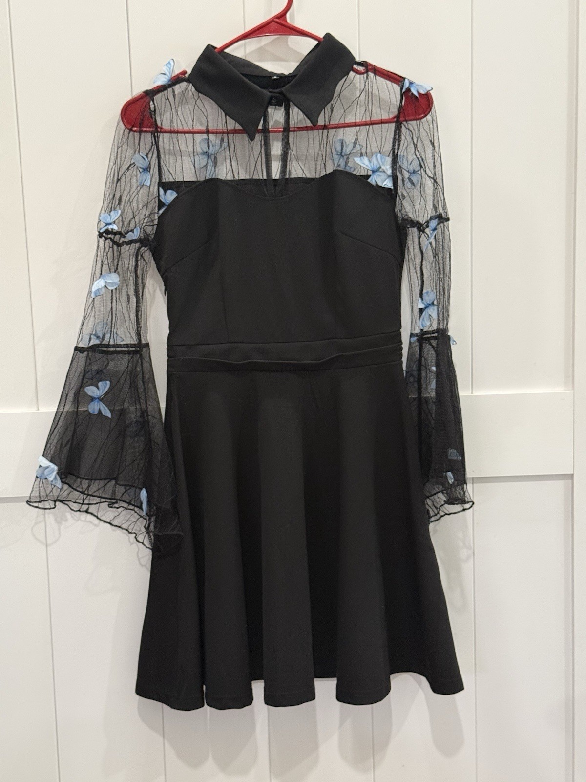 Vintage 50’s Rockabilly Swing Dress Embroidered Floral Mesh Bell Sleeve S