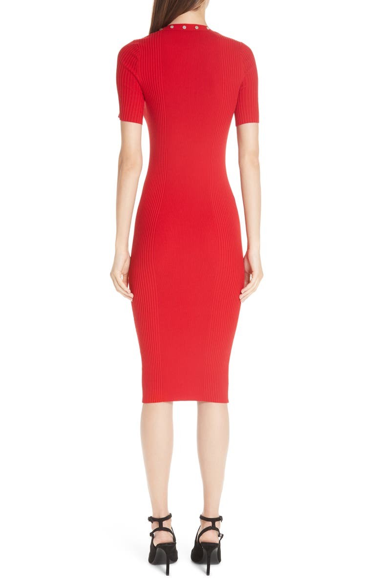 ALEXANDER WANG Snap Short Sleeve Ribbed Knit Bodycon Midi Dress, XS Red