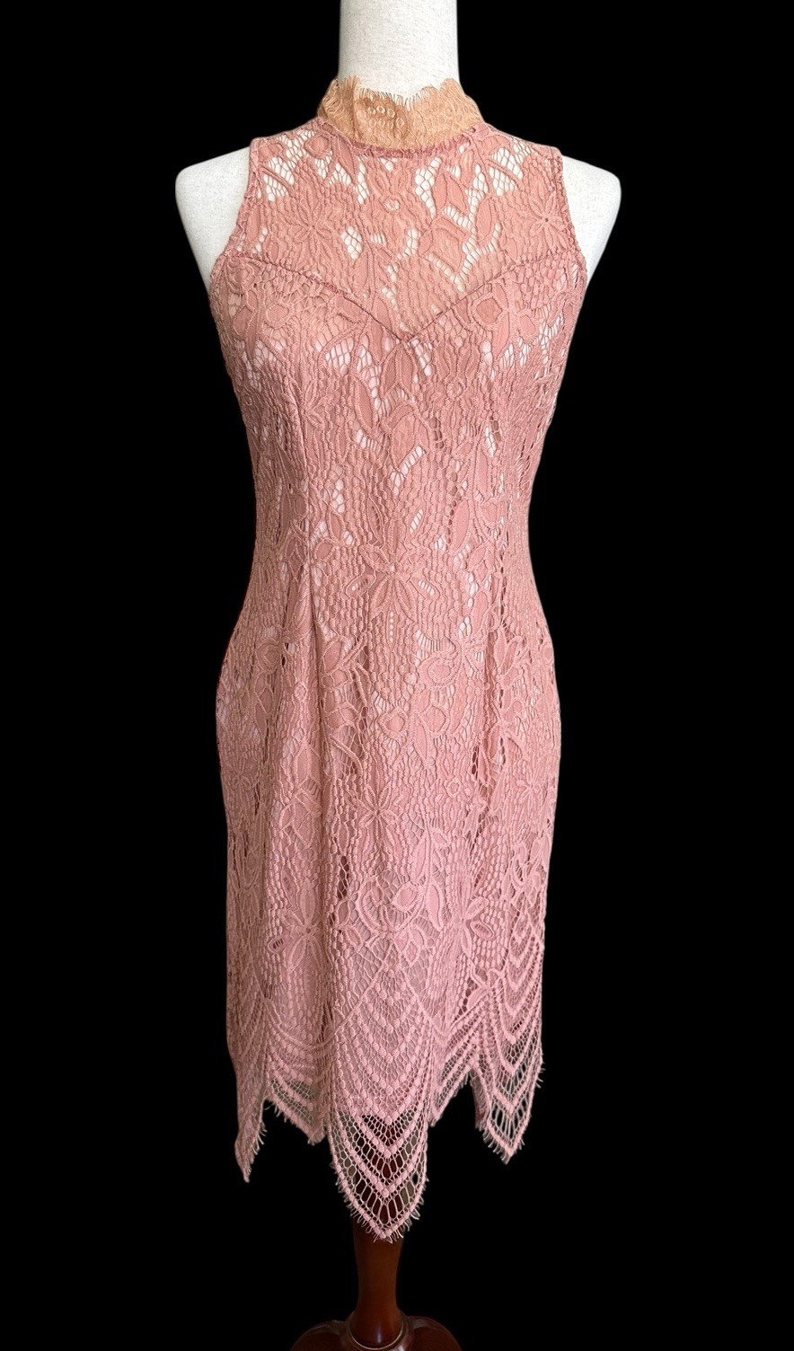 Lilian Mauve Blush Pink Lace Dress Size L Lined Sheath Vintage 40’s Victorian