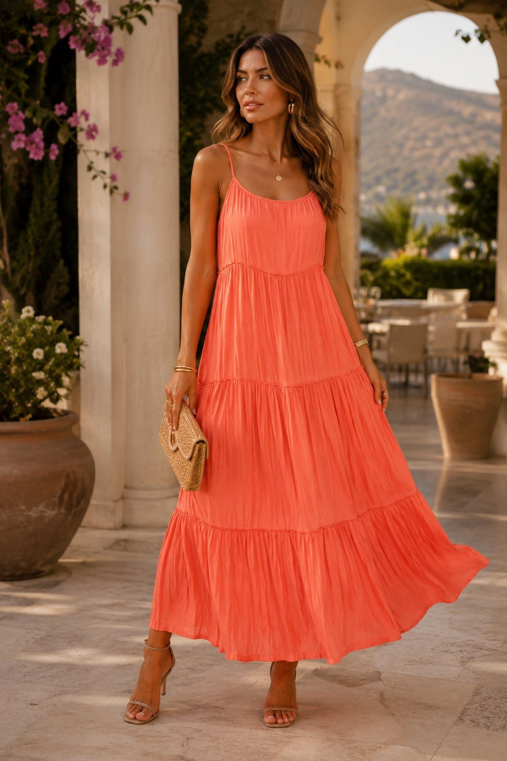 Joie Coral Solid Tiered Ruffle Pleated Scoop Neck Maxi Dress Strappy L