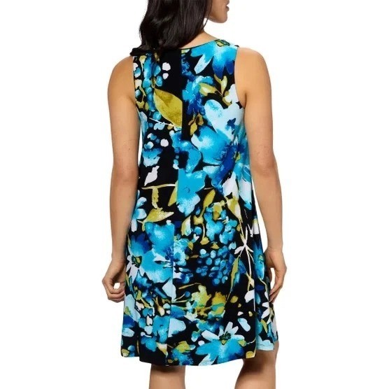 NWT Anne Klein Women’s L Blue Stretch Floral Sleeveless Knee Dress Multi B1414