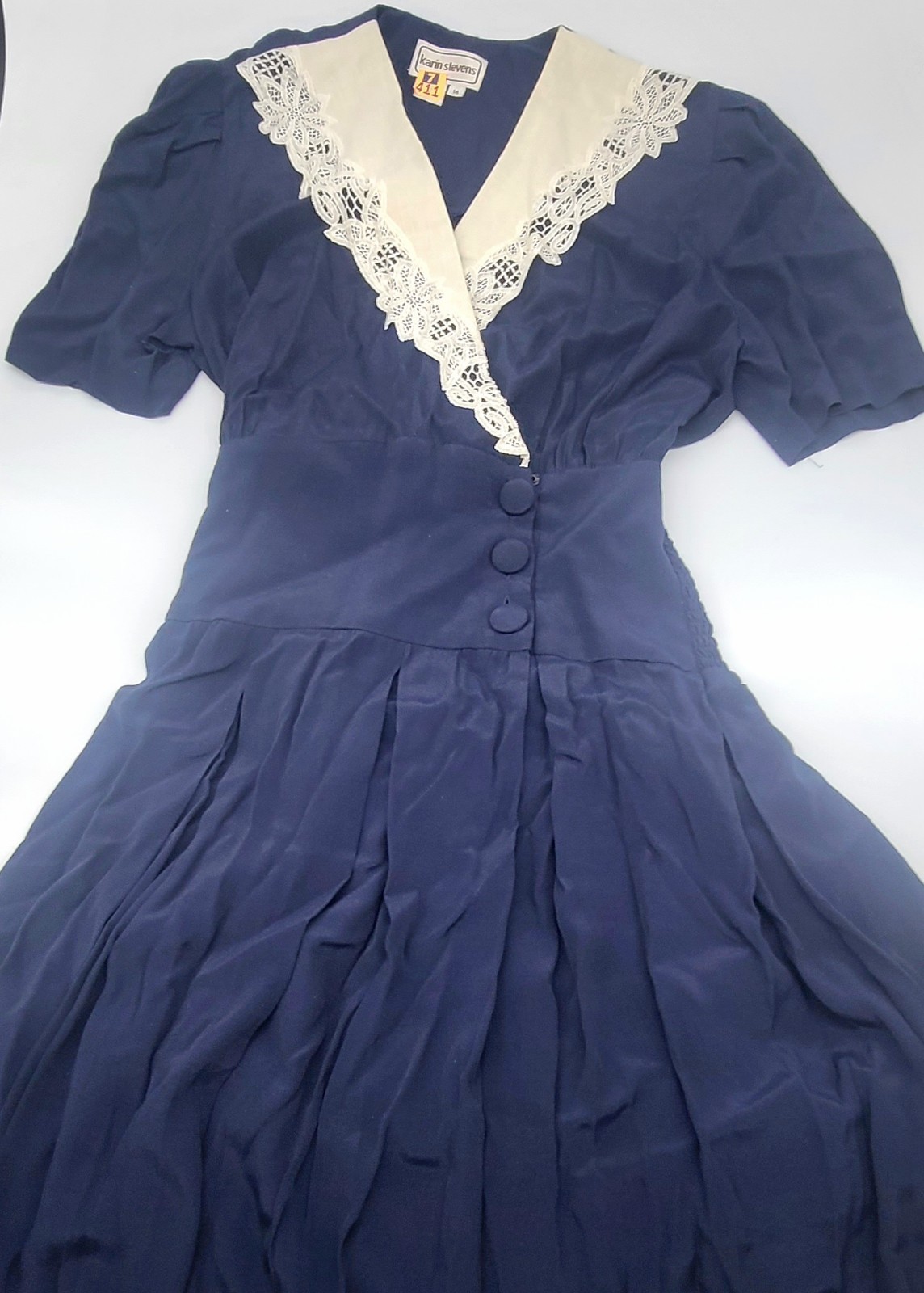 Vintage Karin Stevens Dress Womens 14 Navy Rayon Lace Puff Sleeve Cottagecore Mi