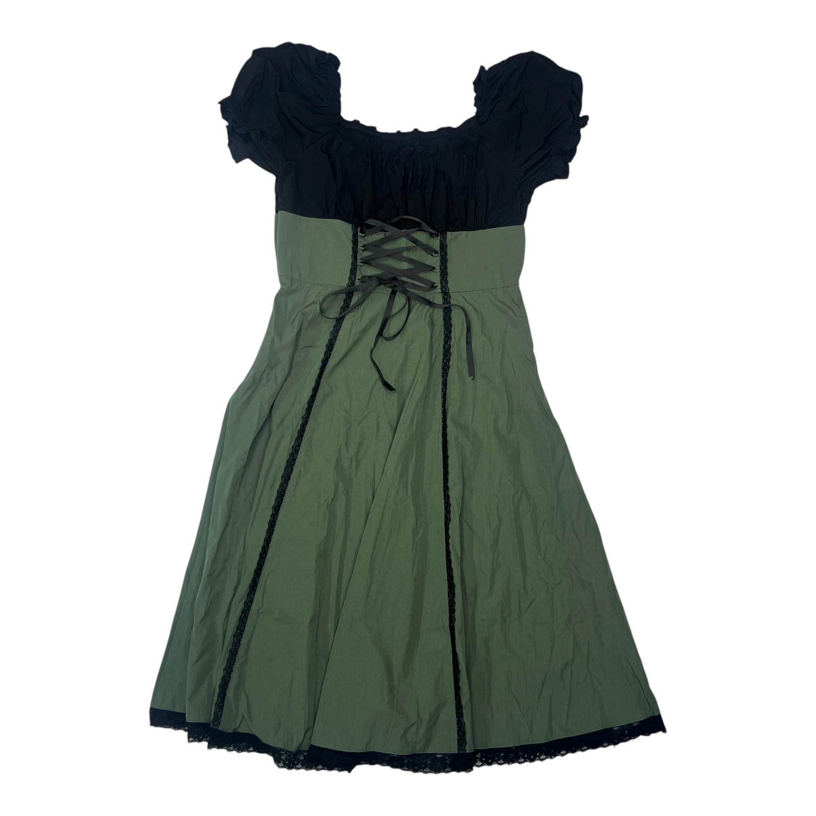 Retro Stage XL 10-12 Green 1940s Style Colorblock Lace-Up Dress Scoop Below Knee