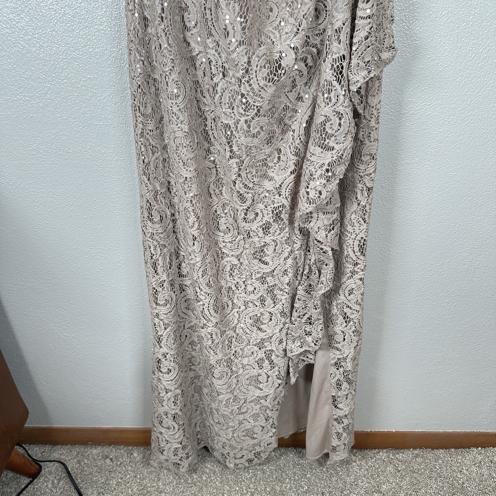 NEW ALEX EVENINGS SEQUIN LACE Cascading Ruffle RUCHED EVENING GOWN 14 Buff Taupe
