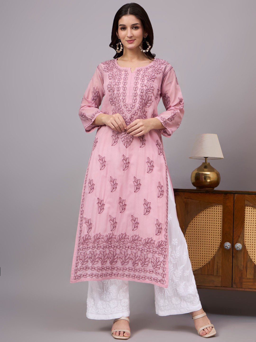 Women’s Ethnic Cotton Chikankari Kurti with inner Mauve, Hand Embroidered