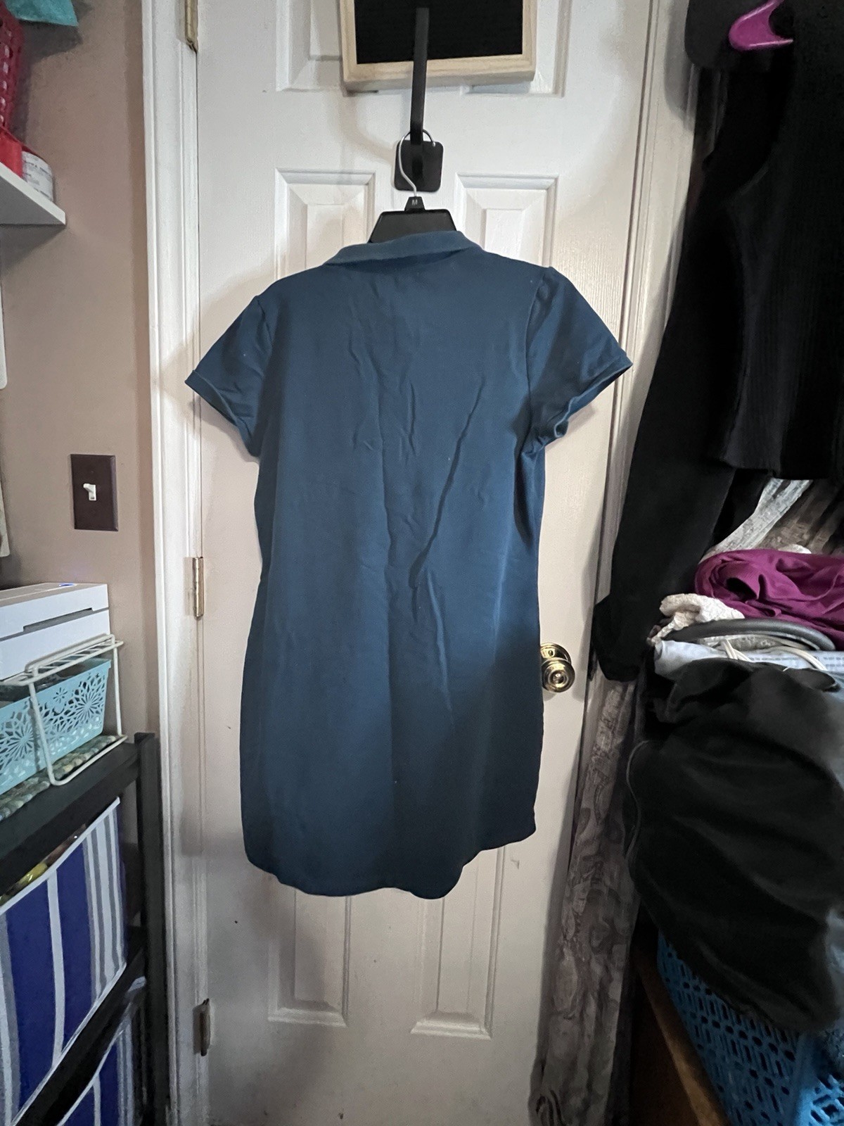 MOFIZ M Solid Blue Collared Knit Polo Dress Stretch Logo Accent Short Sleeve