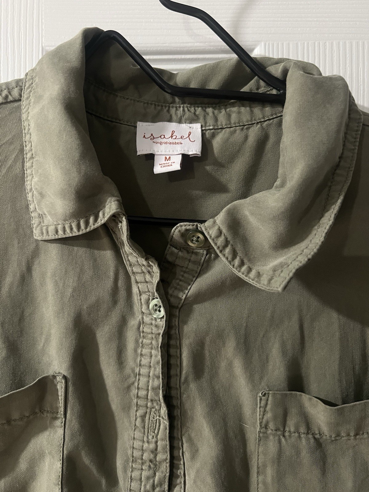 Isabel Olive Green Solid Button Front Collared Midi Shirt Dress Pockets M