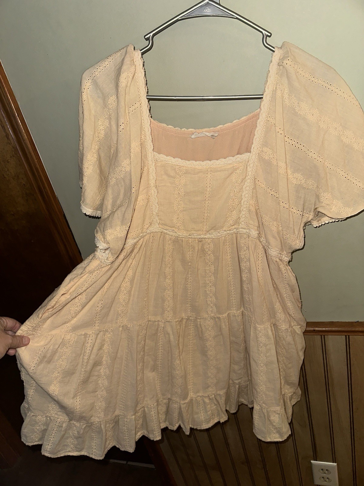 Altar’d State Beige Lace Ruffle Square Neck Flutter Sleeve Mini Dress M