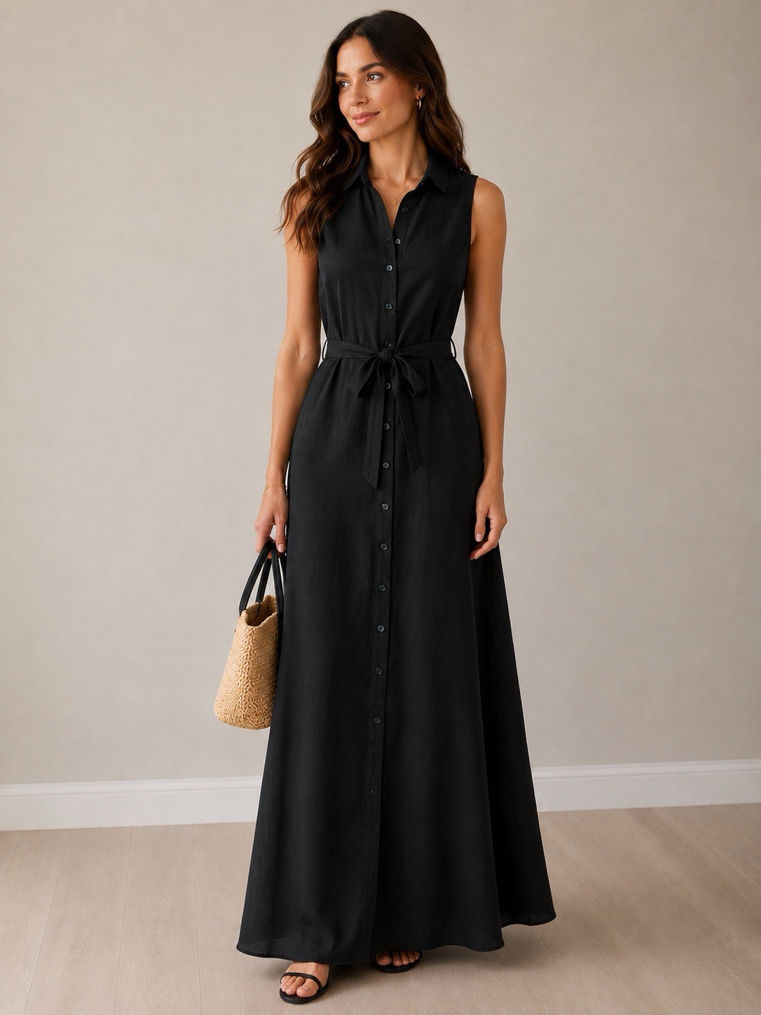 Coldwater Creek Black Linen Maxi Dress Button Front Collared Belt 14 A-line NEW